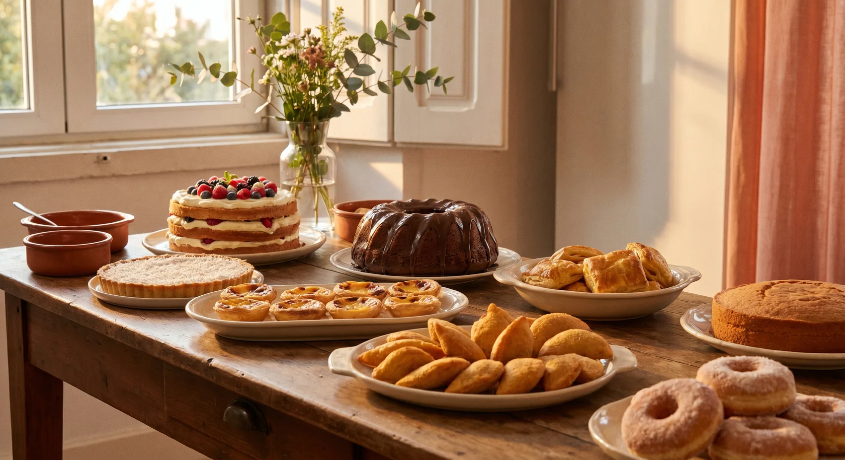 Mesa de bolos caseiros da Larrysa's numa cozinha com luz de manhã